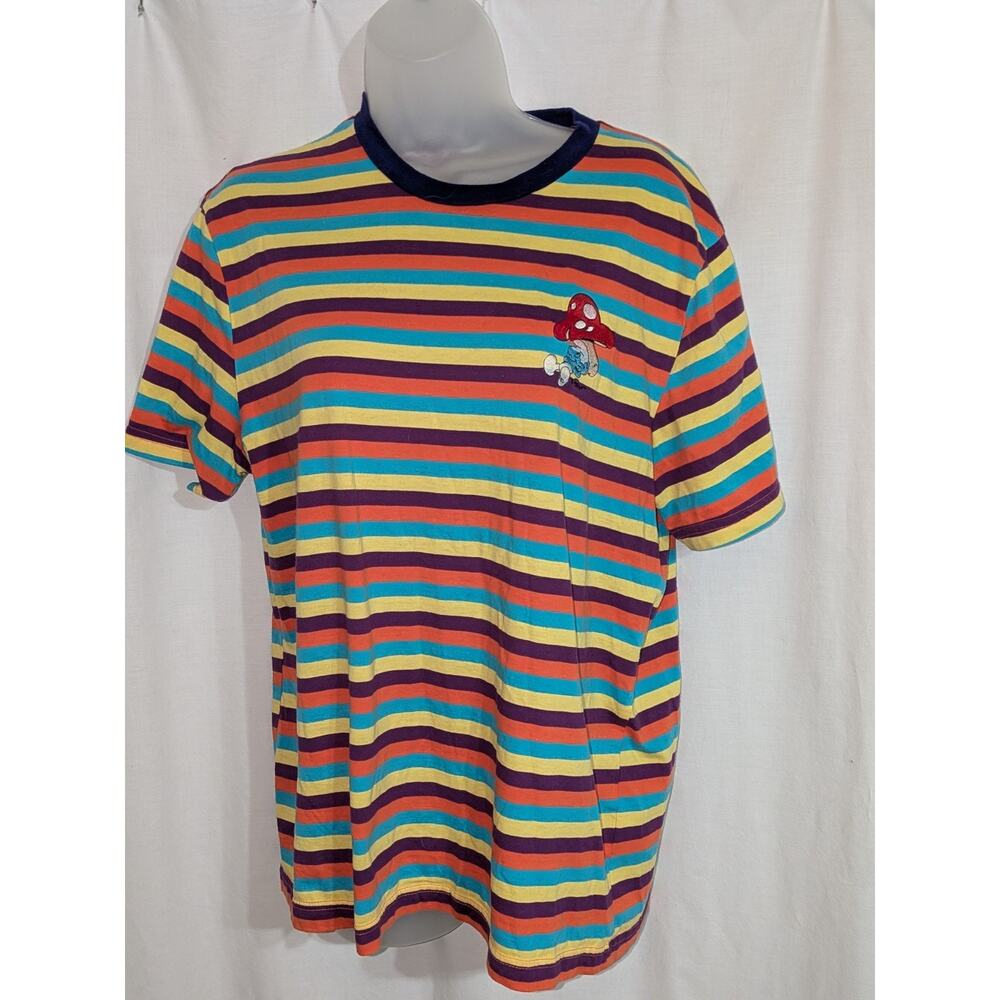 The SMURFS 2021 Embroidered Peyo Mushroom Colorful Stripes Tshirt Sz L